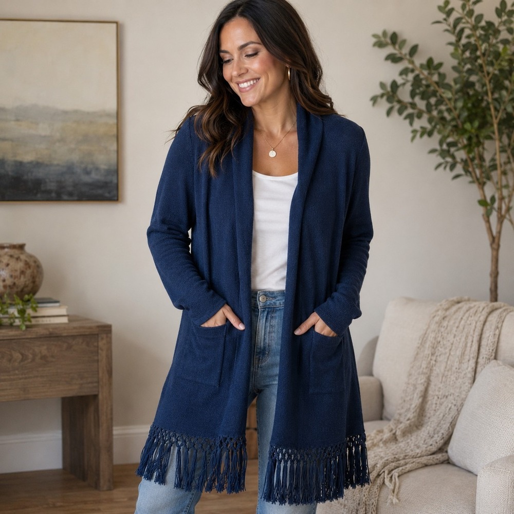 Lilly Pulitzer M Navy Macrame Fringe Cardigan Knit Festival Beach Coastal Chic